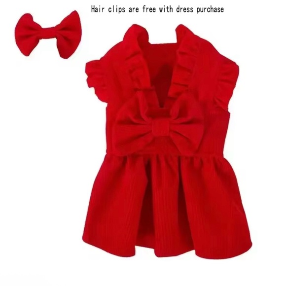Red Velvet puppy dog Dress with Bow Christmas outfits - Picture 8 of 9